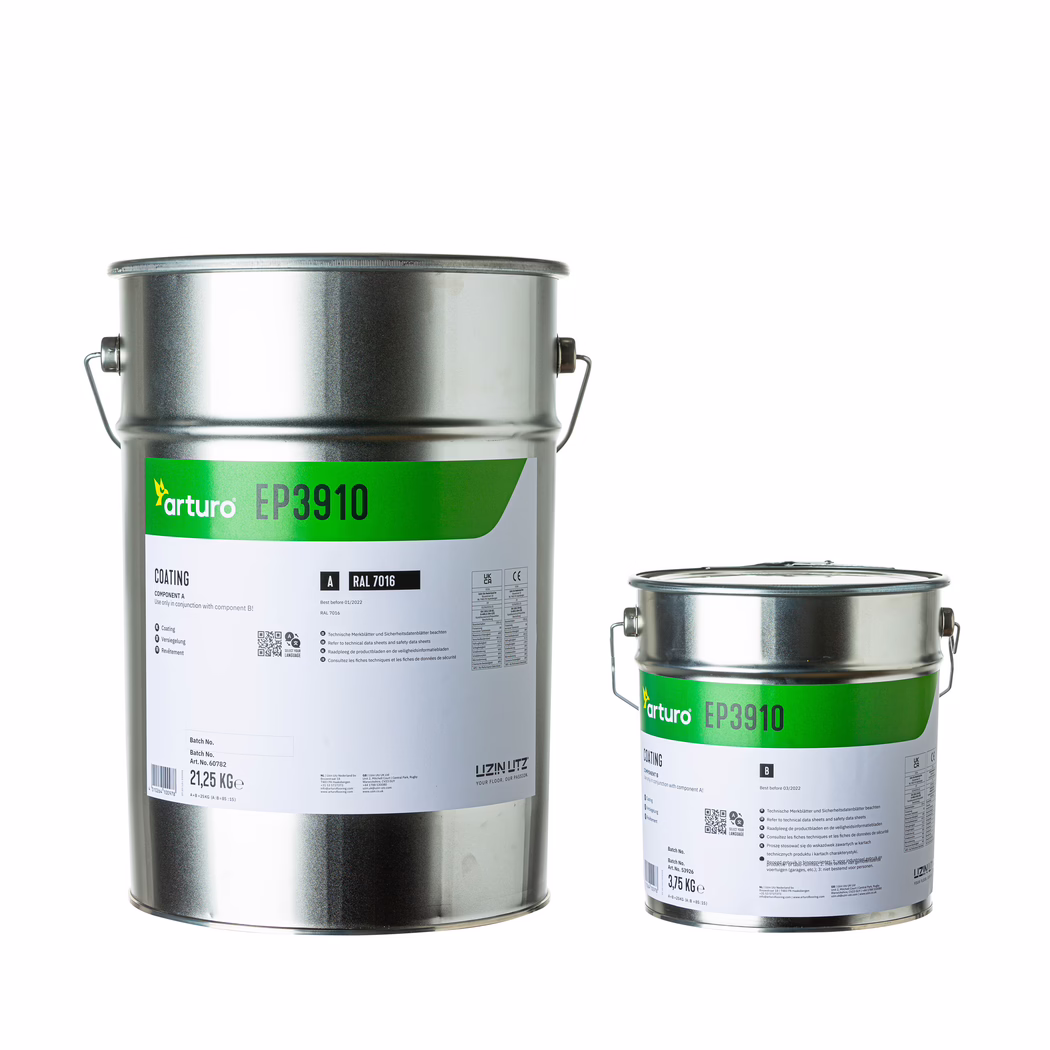 Arturo_Dummy_EP3910-7,5kg_2022-01 Two cylindrical metal paint containers on a white background: a large silver can on the left and a smaller matching can on the right. Both feature green-and-white product labels reading 'arturo EP3910' with technical text including 'COATING' and the color code 'RAL 7016'. Each has a metal handle and a sealed lid; the larger container shows a printed net weight of approximately 21.25 kg and the smaller about 3.75 kg. Studio-lit product photograph suggesting industrial coating or paint.